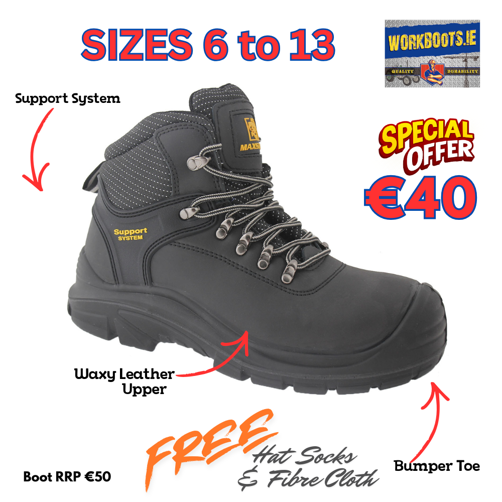 Max Steel Black Laced Safety Boot + Free Socks Gloves Fibre Cloth
